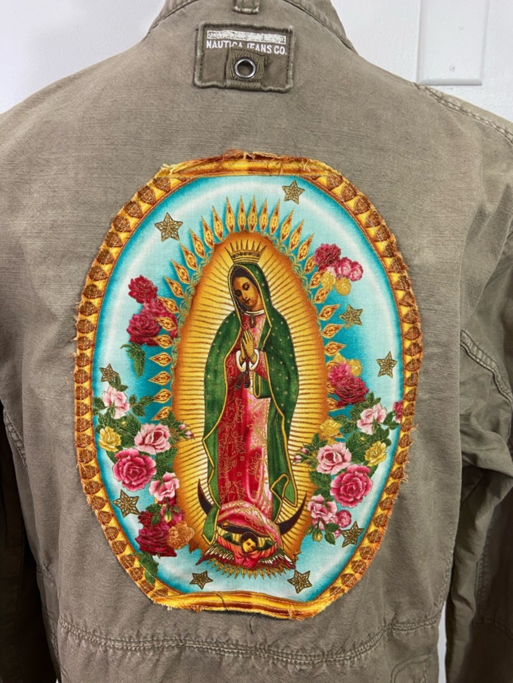 Our Lady of Guadalupe Virgin Mary Upcycled Jacket Womens Medium Green Bomber Y2K - Picture 2 of 14